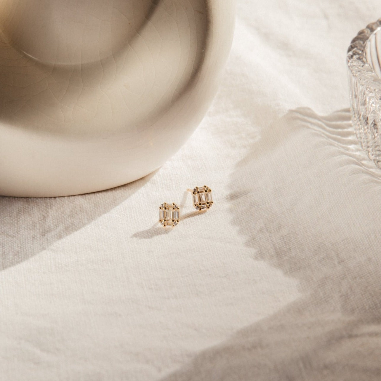 Arabella Diamond Stud Earrings, Art Deco-inspired earrings featuring CZ diamonds on sterling silver or 18K gold, showcasing vintage opulence and timeless elegance